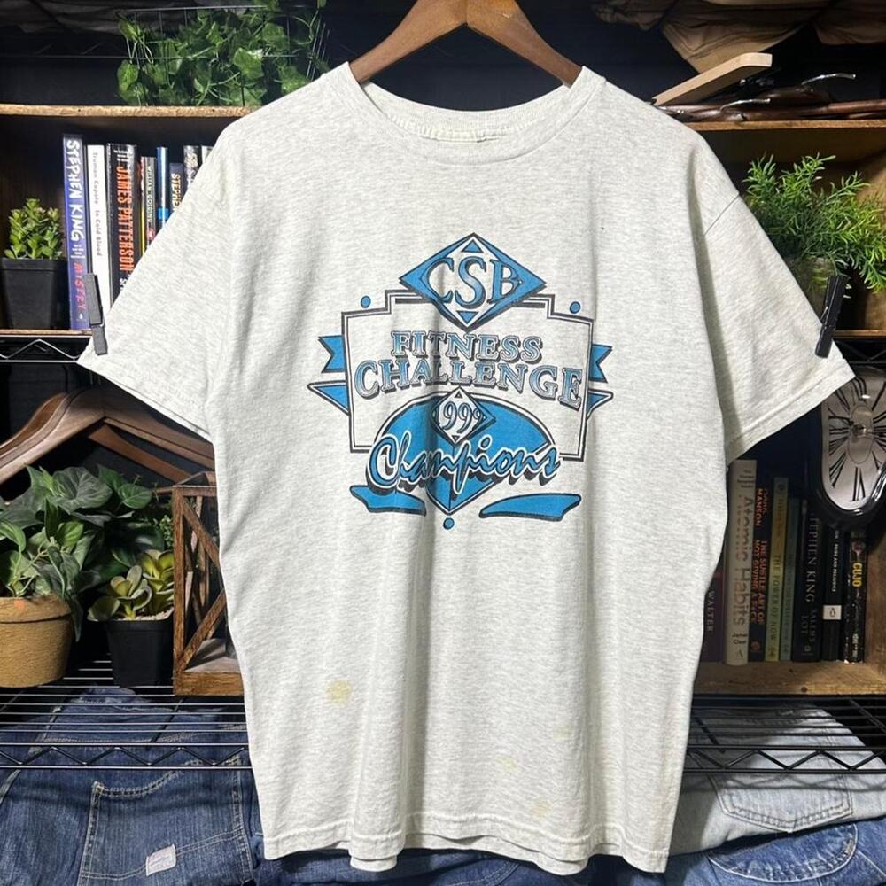 Vintage 90s 1999 Fitness Challenge Champions Tee Grey Graphic Shirt Mens Large